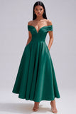 Off the Shoulder Ruched Satin Yellow A Line Maxi Dress