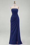 Light Pink Strapless Ruched Sheath Prom Dress with Slit
