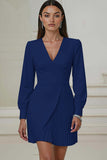 Ivory V-Neck Long Sleeve Pleated A-Line Work Dress