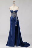Sweetheart Mermaid Mint Green Beaded Satin Prom Dress With Slit