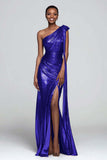 Metallic Ruched Brown One Shoulder Maxi Dress With Slit