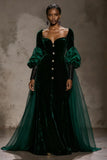 Burgundy Velvet Long Sleeve Evening Dress with Overlay
