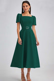 A Line Sky Blue Square Neck Midi Work Dress with Belt