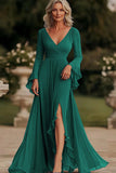 Dark Grey Wrap Long Sleeve Ruffled Chiffon Long Mother of the Bride Dress