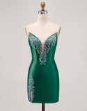 Fuchsia Beaded Satin Bodycon Strapless Homecoming Dress with Slit