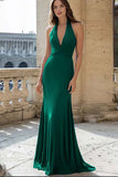 Navy Mermaid Halter Long Satin Formal Dress