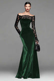 Burgundy Velvet Off The Shoulder Mermaid Formal Dress with Long Sleeves