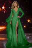 White Appliqued V-Neck Mermaid Pageant Dress With High Slit