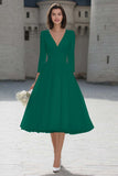 Ivory V-Neck A-Line Satin Engagement Dress With 3/4 Sleeves