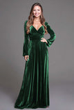 Burgundy A-Line Velvet Holiday Party Dress With Long Sleeves