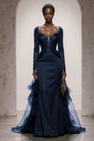 Dark Green Satin Mermaid Evening Dress With Long Sleeves