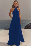 Simple White Halter A Line Chiffon Engagement Dress