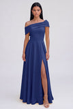 Asymmetrical Neck Yellow A Line Maxi Dress with Slit