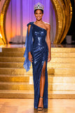Sparkly Dark Green Sheath One Shoulder Pageant Dress With Slit