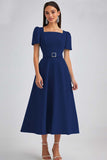 A Line Sky Blue Square Neck Midi Work Dress with Belt