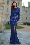 Dark Green Sequin Mermaid Long Sleeve Formal Dress With Slit