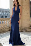 Navy Mermaid Halter Long Satin Formal Dress