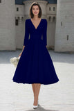 Ivory V-Neck A-Line Satin Engagement Dress With 3/4 Sleeves
