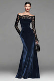 Burgundy Velvet Off The Shoulder Mermaid Formal Dress with Long Sleeves