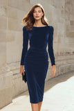 Pencil Velvet Long Sleeve Dark Green Work Dress