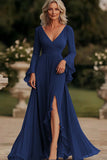 Dark Grey Wrap Long Sleeve Ruffled Chiffon Long Mother of the Bride Dress