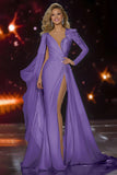 White Appliqued V-Neck Mermaid Pageant Dress With High Slit