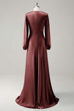 Eucalyptus Satin Round Neck Modest Bridesmaid Dress with Long Sleeves