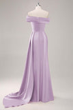 Off the Shoulder Satin Champagne Formal Dress with Drape