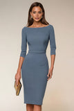 Bodycon Navy Bateau Neck Short Work Dress With 3/4 Sleeves