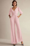 V Neck Navy Mother of the Bride Jumpsuit with Short Sleeves