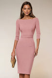 Bodycon Navy Bateau Neck Short Work Dress With 3/4 Sleeves