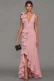 Black Bowed V Neck Maxi Formal Dress with Ruffles