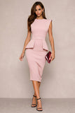 Navy Bodycon Round Neck Midi Work Dress with Slit