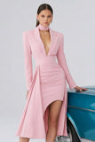 Black Notched Lapel Long Sleeve Semi-Formal Dress With Slit