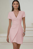 Pencil V-Neck Ivory Work Dress With Pleats