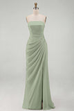 Light Pink Strapless Ruched Sheath Prom Dress with Slit