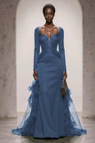 Dark Green Satin Mermaid Evening Dress With Long Sleeves