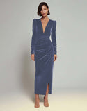 Olive Ruched Sheath Long Sleeve Velvet Formal Dress with Slit