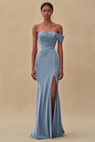 One Shoulder Purple Ruched Sheath Long Formal Dress with Slit