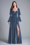 Burgundy A-Line Long Sleeve Velvet Holiday Party Dress With Slit