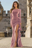 Velvet Mermaid Caramel Lace Long Sleeve Formal Dress With Slit