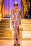 Sparkly Dark Green Sheath One Shoulder Pageant Dress With Slit
