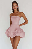 White Strapless A Line Tiered Satin Graduation Dress
