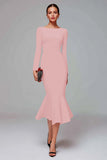 Red Mermaid Long Sleeve Midi Work Dress