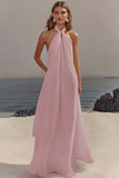 Simple White Halter A Line Chiffon Engagement Dress