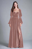Burgundy A-Line Long Sleeve Velvet Holiday Party Dress With Slit
