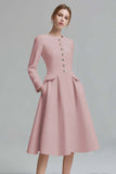 Ivory A-Line Round Neck Tweed Long Sleeve Work Dress