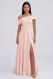 Asymmetrical Neck Yellow A Line Maxi Dress with Slit