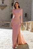 Ivory Ruched Long Sleeve Sheath Engagement Dress With Slit