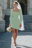 Bodycon Ivory Long Sleeve Square Neck Bridal Shower Dress